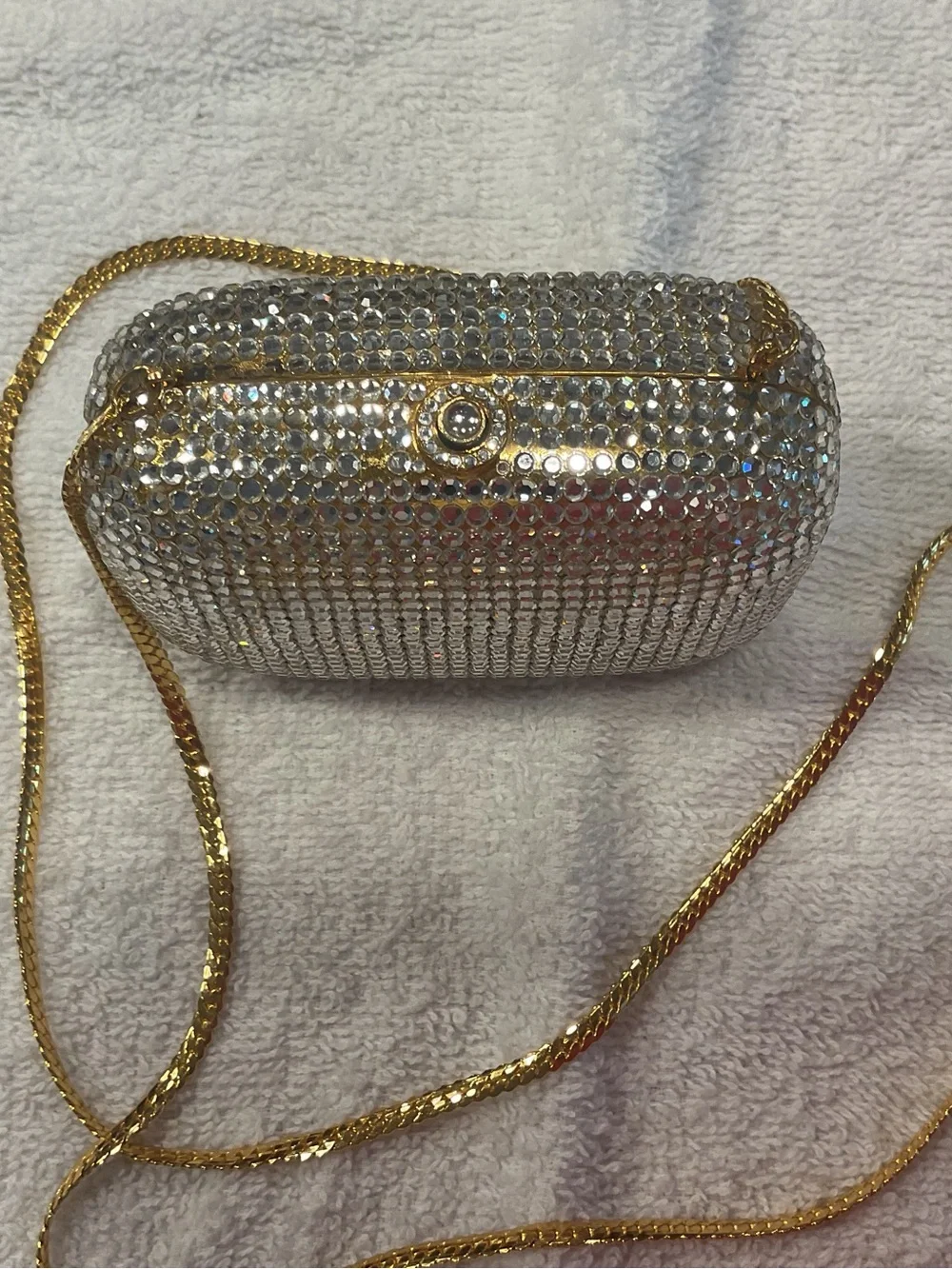 Silver Crystal Evening Clutch with Gold Chain Strap